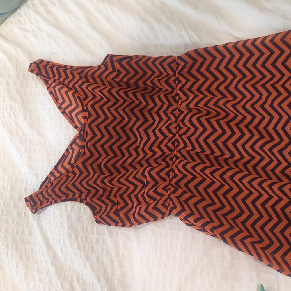 Coral dress with navy chevron stripes